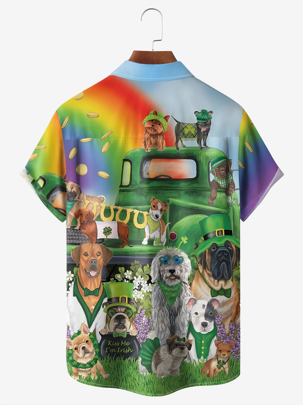 St. Patrick's Day Cat and Dog Chest Pocket Short Sleeve Casual Shirt