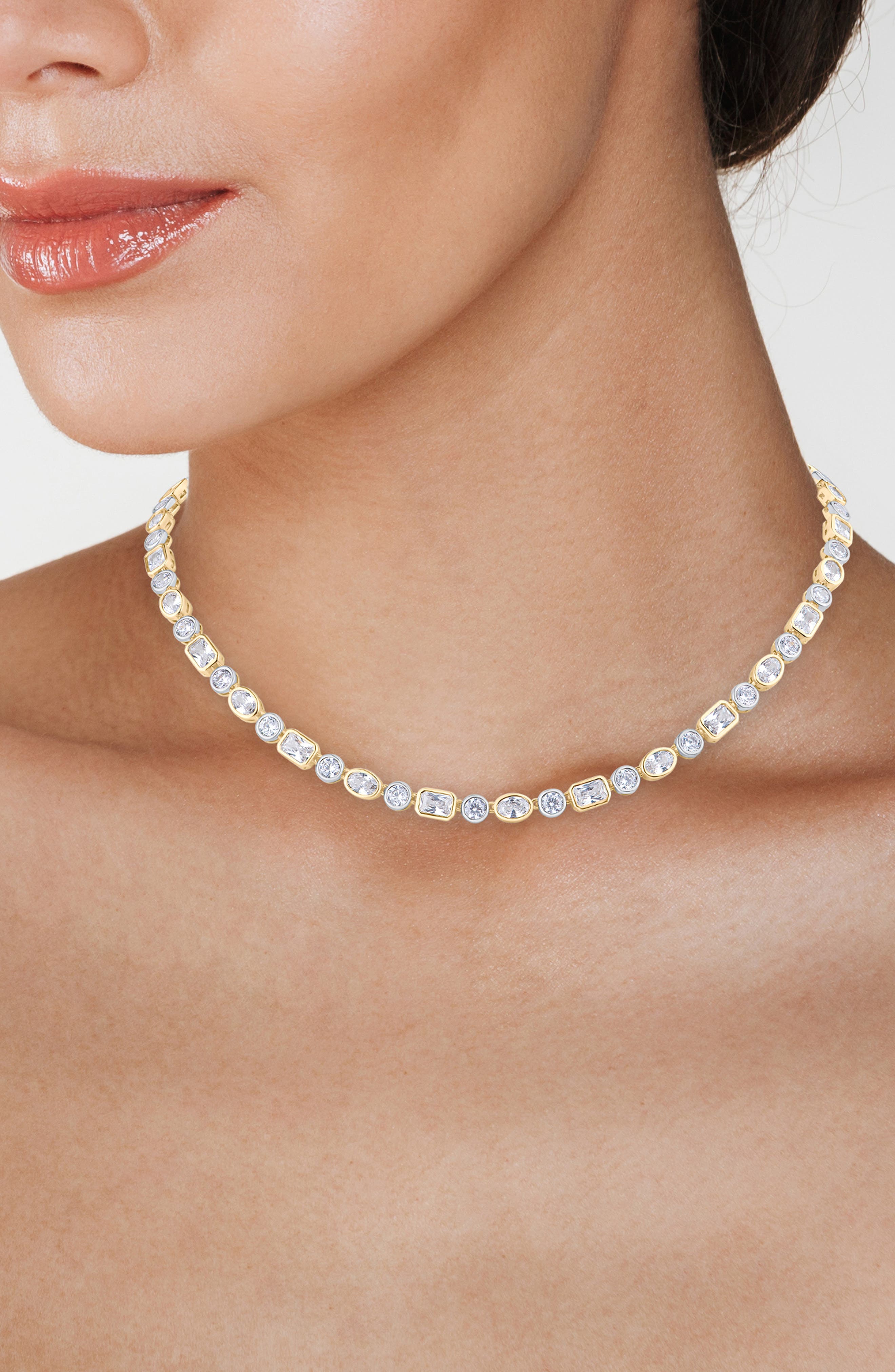 CZ by Kenneth Jay Lane Two-Tone Bezel Cubic Zirconia Collar Necklace