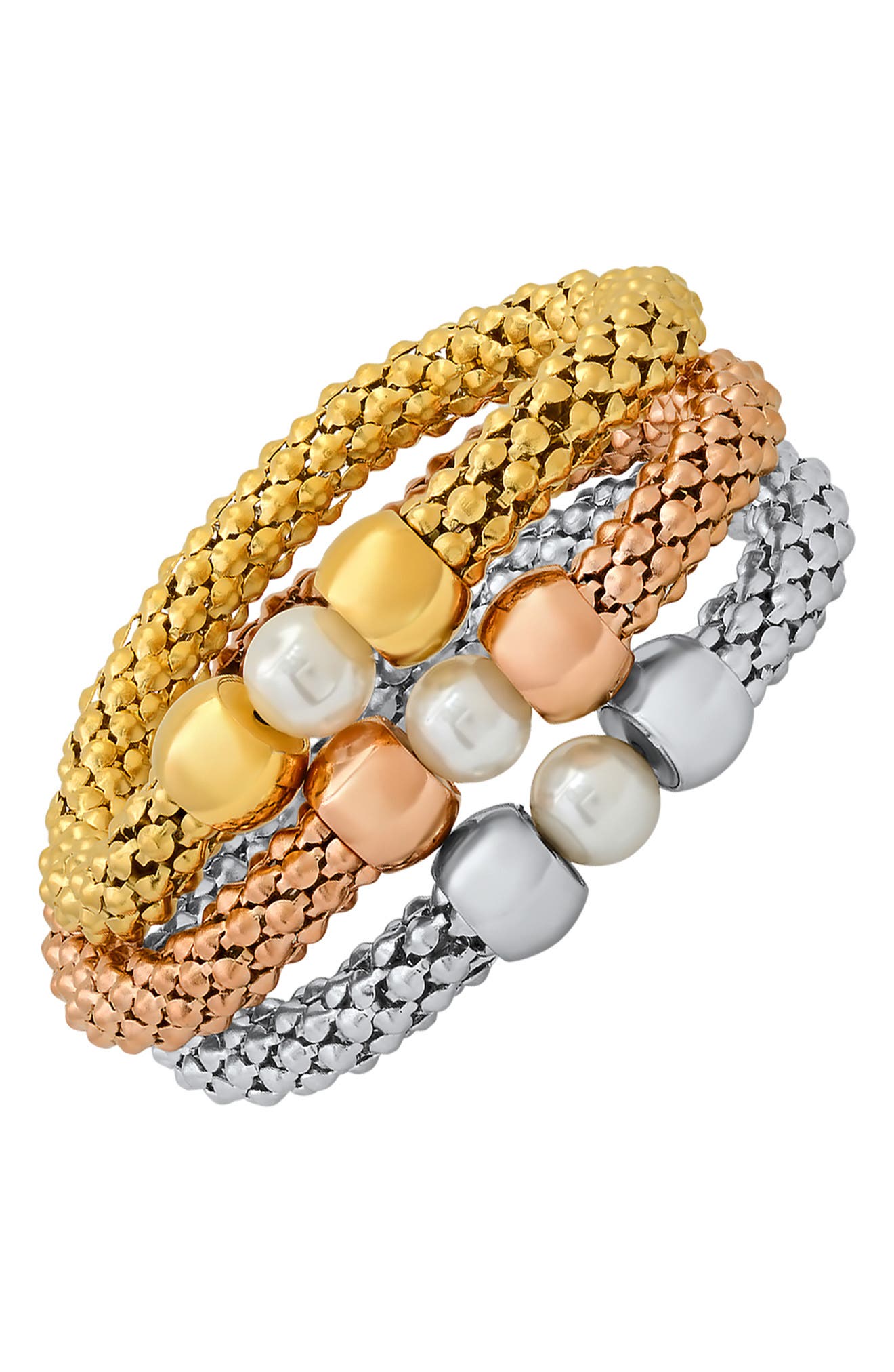 HMY JEWELRY Tri-Tone Stainless Steel Stacking Bracelet Set