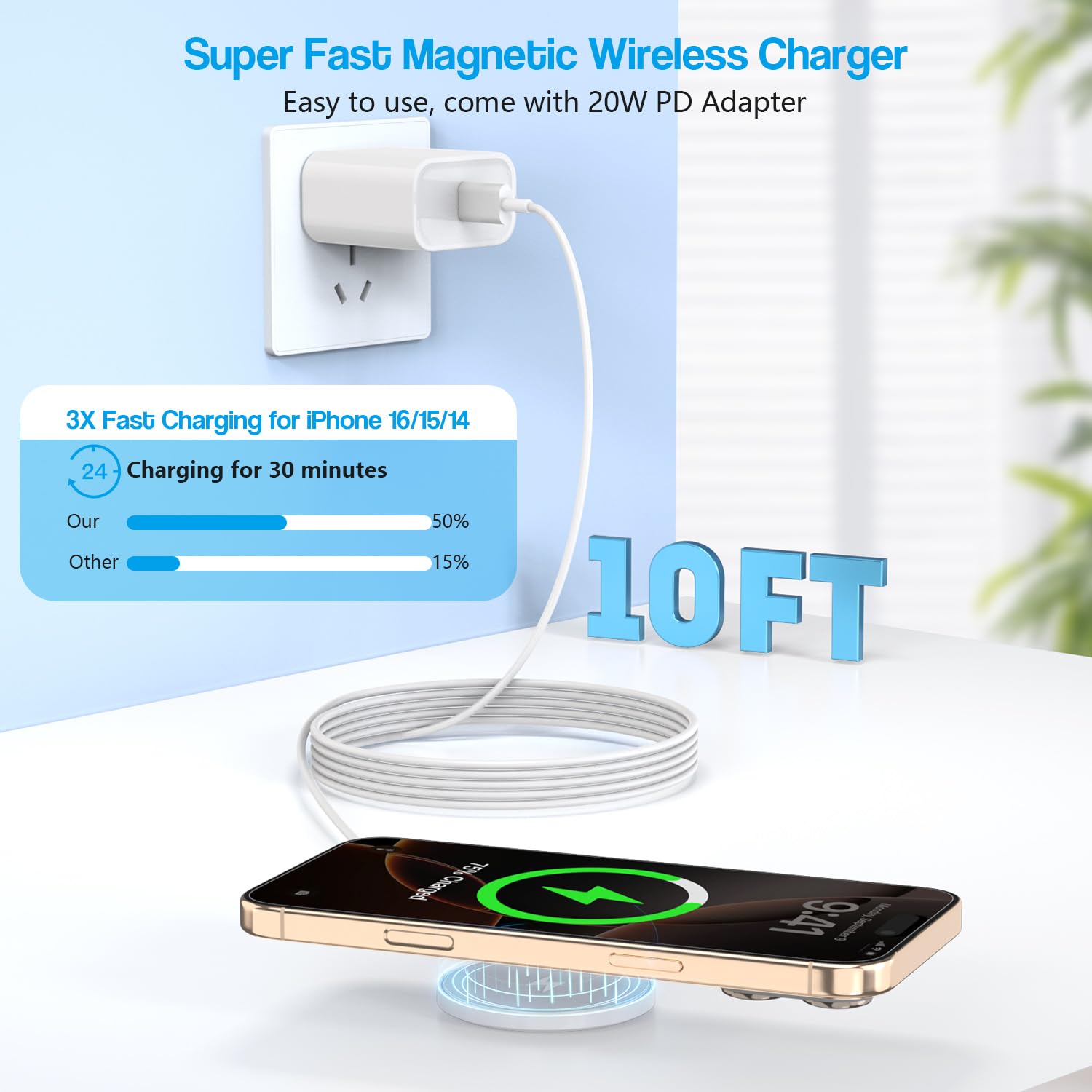 10FT Magnetic Wireless Charger, 15W Fast Apple Mag-Safe Charger for iPhone 17/16/15, PD with USBC Apple Fast Charging Block, 10-foot quick charge for iPhone 17/17 Air/17, 16, 15 Pro/Pro Max/14/13/12/AirPods
