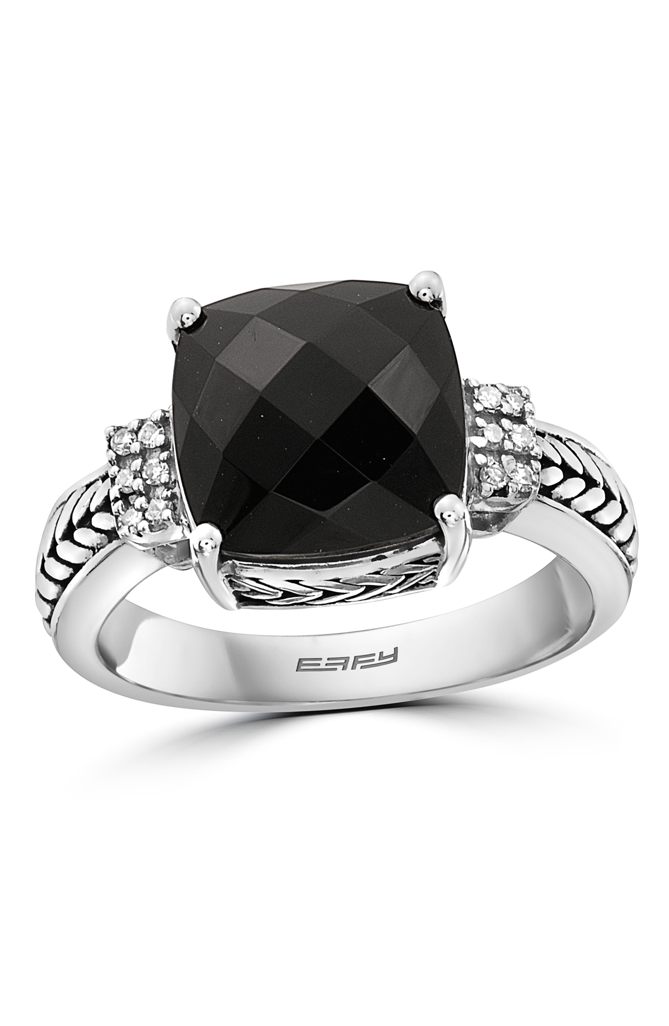 EFFY Sterling Silver Onyx & Diamond Accent Ring - 0.06 ctw