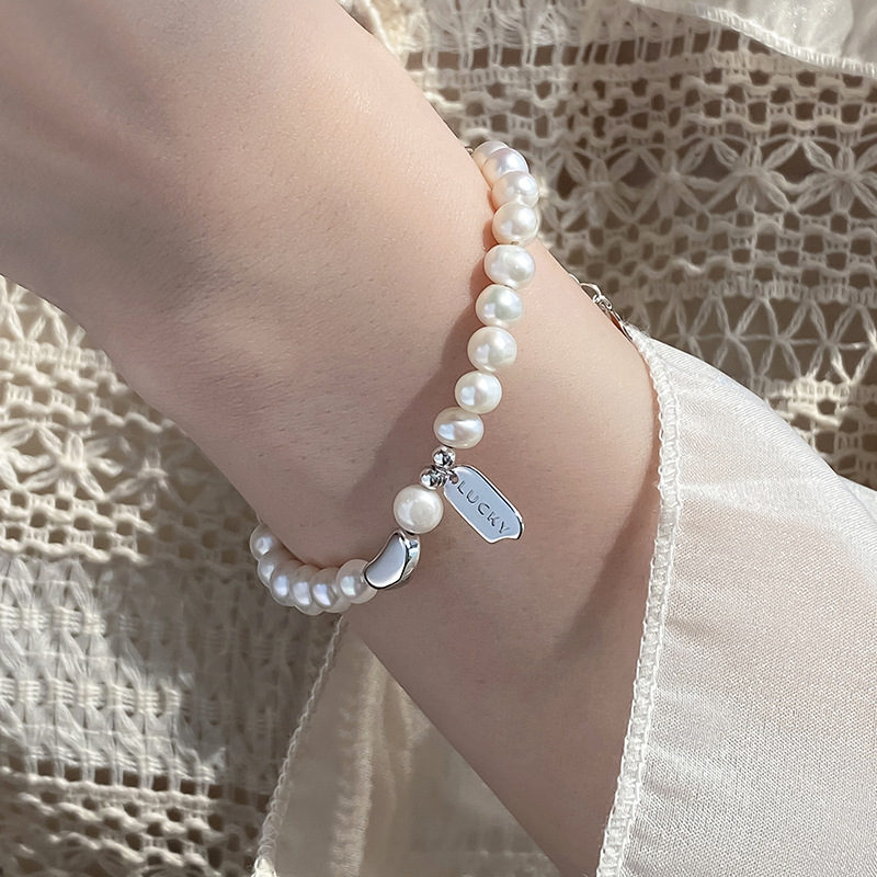 925 sterling silver lucky square pendant pearl bracelet, a minimalist and chic summer bracelet with a unique and sophisticated design, featuring small bead accents
