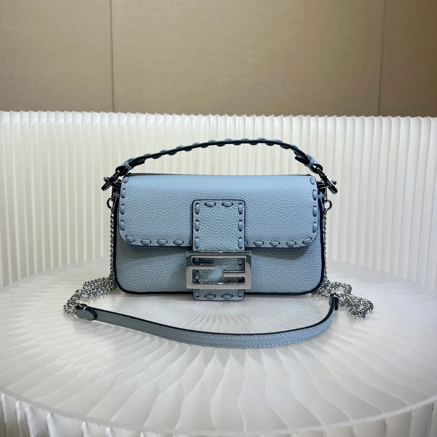 Fendi Blue Baguette Grained Leather Shoulder Bag product photo from LabelPicks