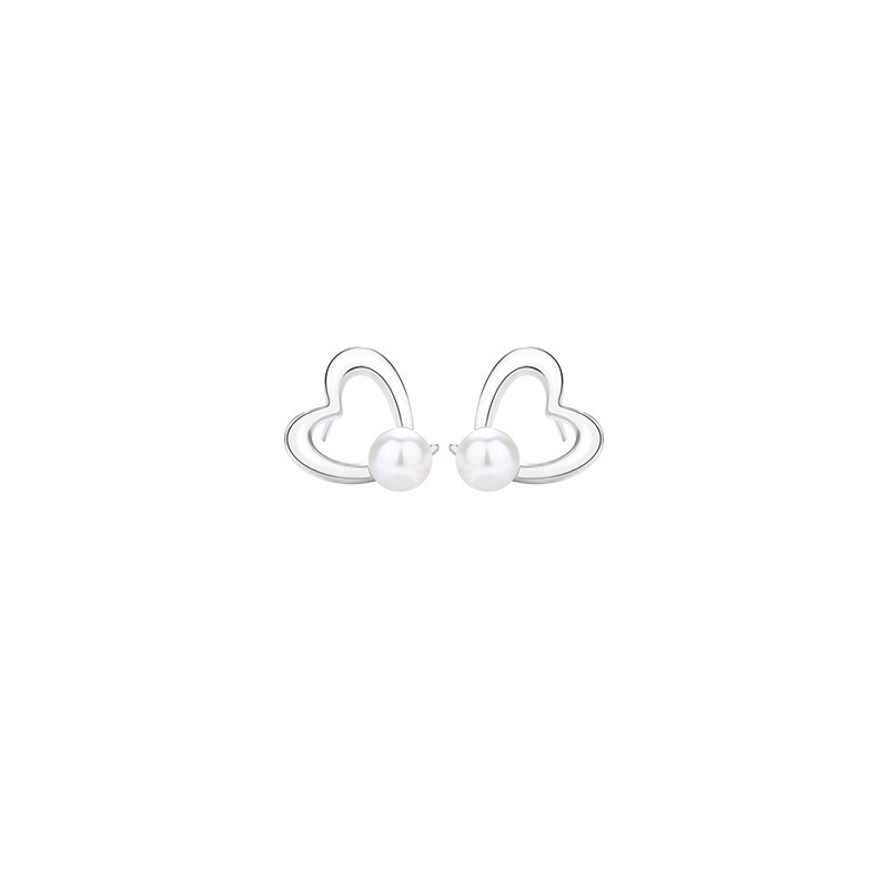 925 sterling silver bow-shaped heart earrings, French-style, chic and elegant, with pearl accents, creating a sophisticated and stylish geometric design