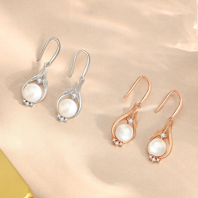 Original s925 sterling silver winged guardian ear hook, vintage simple light luxury freshwater pearl earrings with micro-inlaid zirconia