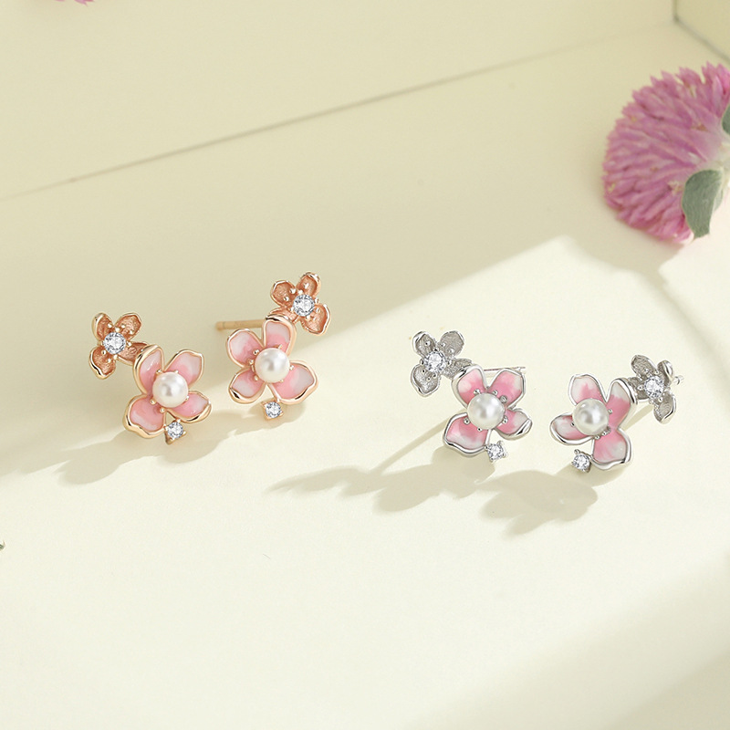 Original 925 sterling silver peach blossom earrings with pearl accents, featuring a delicate and fresh floral design, perfect for autumn, a new style of earrings