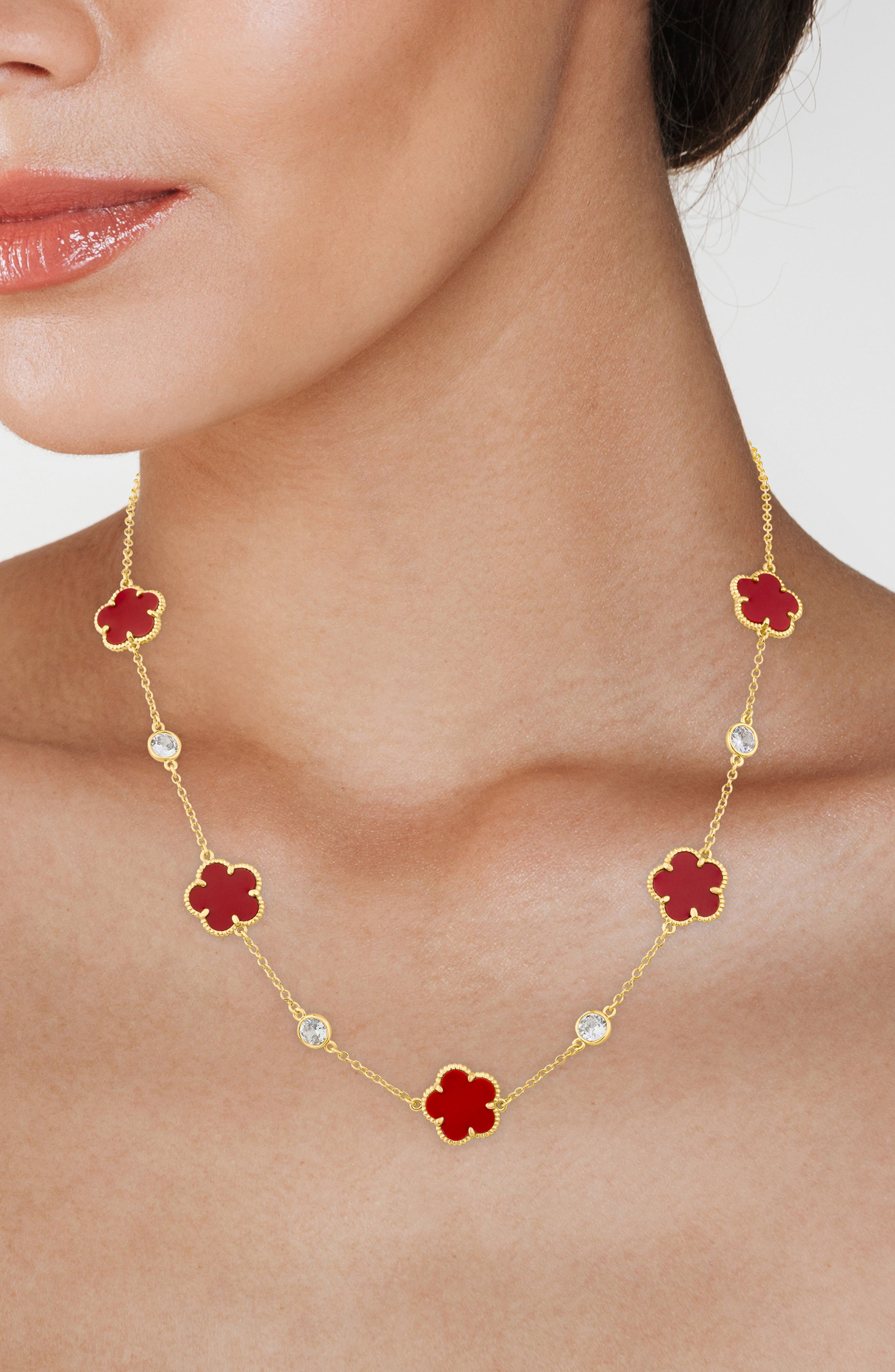 CZ by Kenneth Jay Lane Cubic Zirconia & Enamel Clover Station Necklace