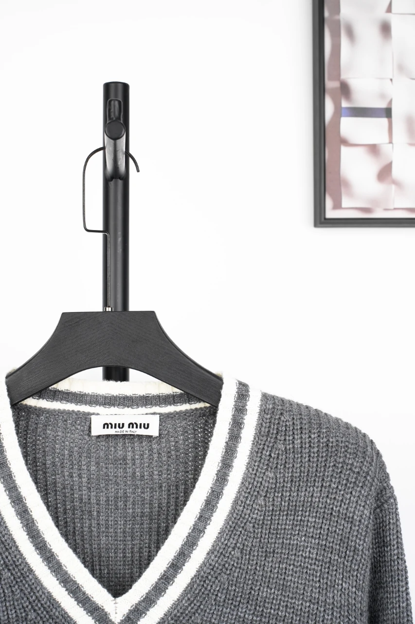Miu Miu Grey White Trim Logo V Neck Sweater product photo from LabelPicks