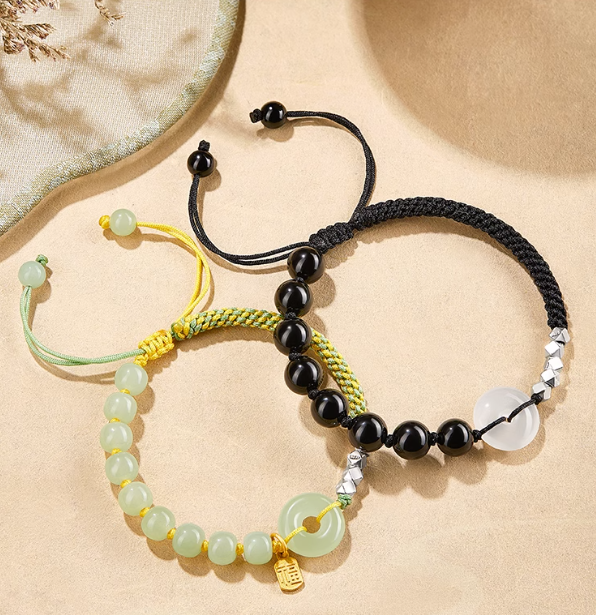 Natural Hetian Jade Ping An Buckle Bracelet Transfer Beads Bracelet for Couples
