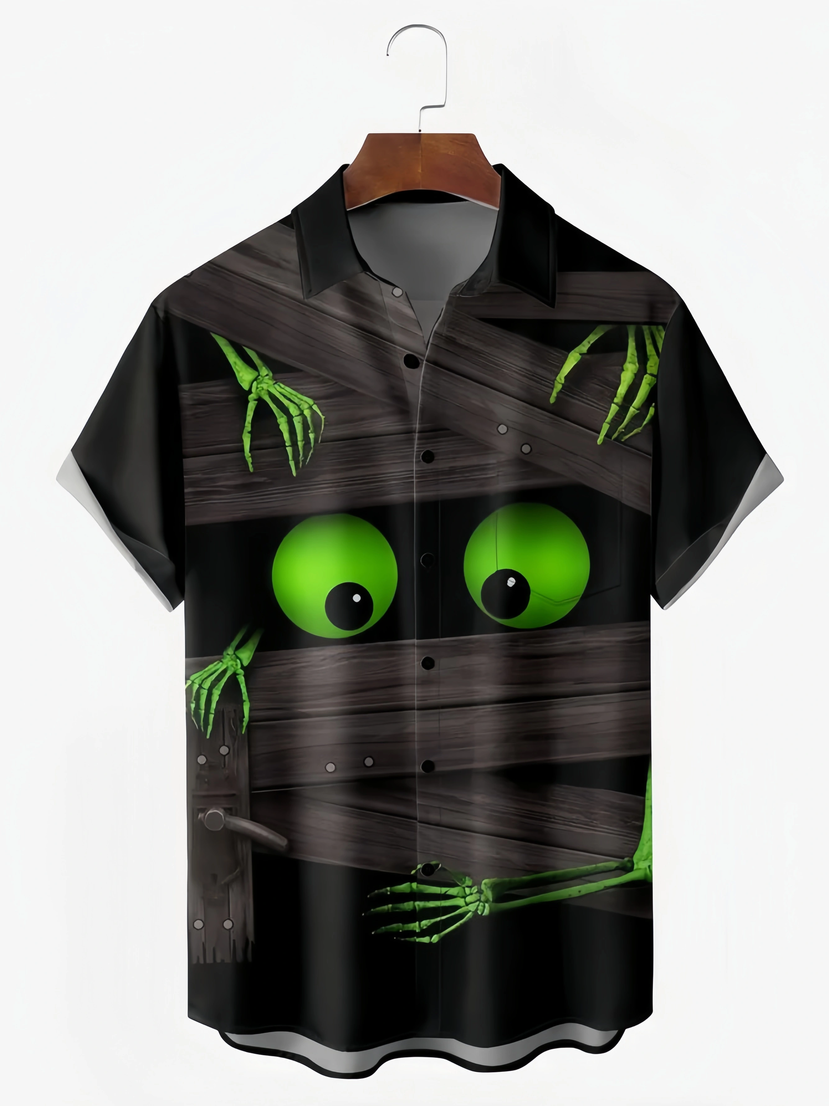Halloween Skull Eyes Chest Pocket Short Sleeve Casual Shirt