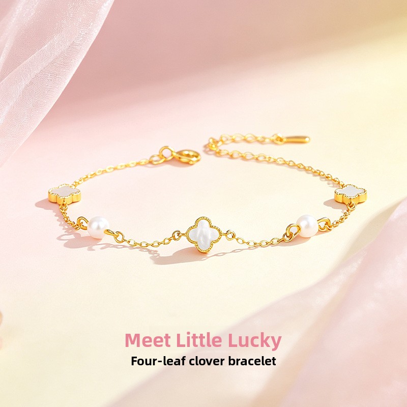 S925 sterling silver, featuring a small lucky four-leaf clover charm, a delicate and sweet bracelet in a forest-inspired style, perfect as a birthday gift for your girlfriend