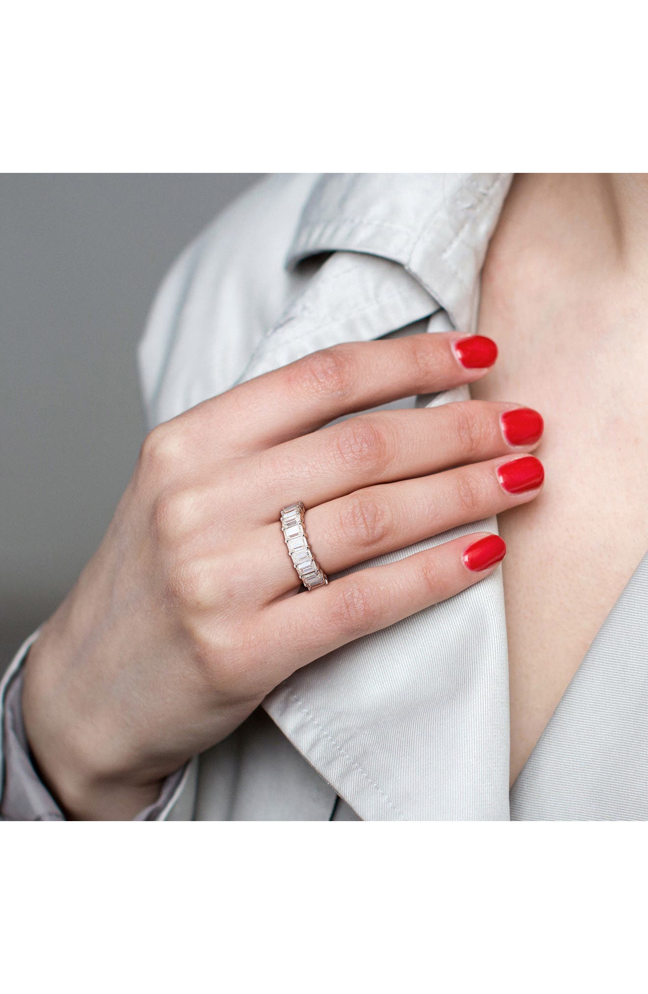 DELMAR Sterling Silver Created Moissanite Octagon Band Ring