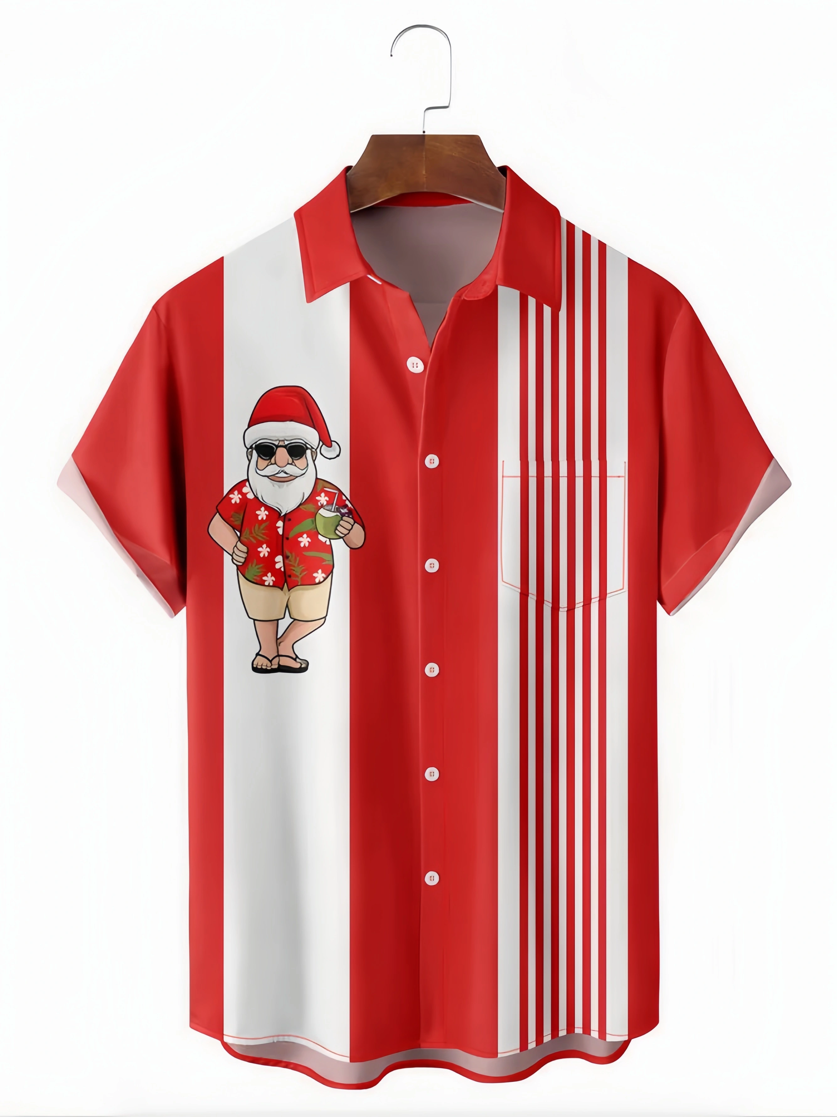 Santa Claus Chest Pocket Short Sleeve Bowling Shirt