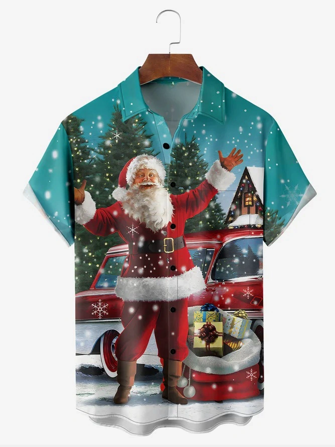 Santa Claus Chest Pocket Short Sleeve Hawaiian Shirt