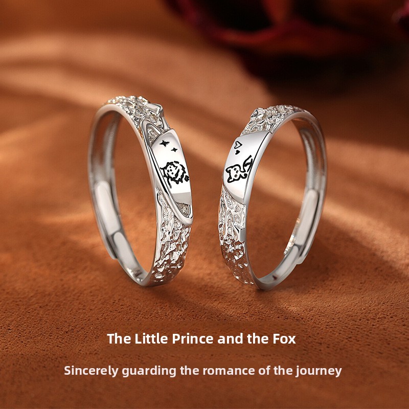 Original Little Prince and Fox Doodle Couple Rings, Unique Design, Pleated Ring, 999 Sterling Silver, 520 Gift