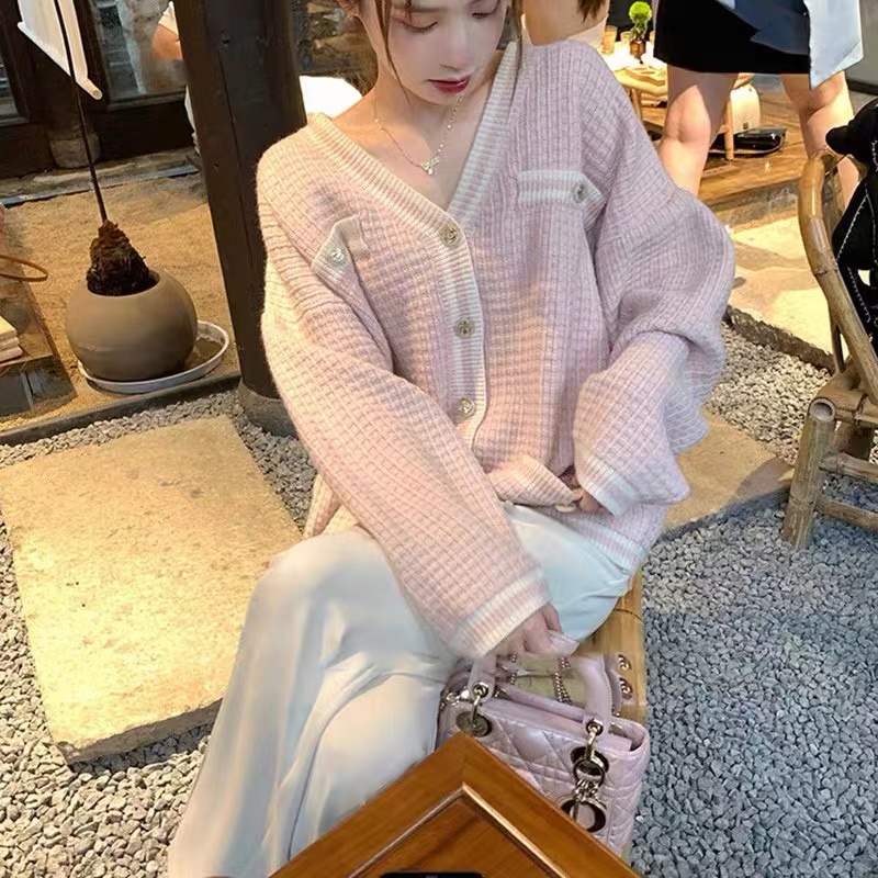 Pink sweater jacket wide-leg trousers two-piece set small fragrant temperament girl casual fashion suit