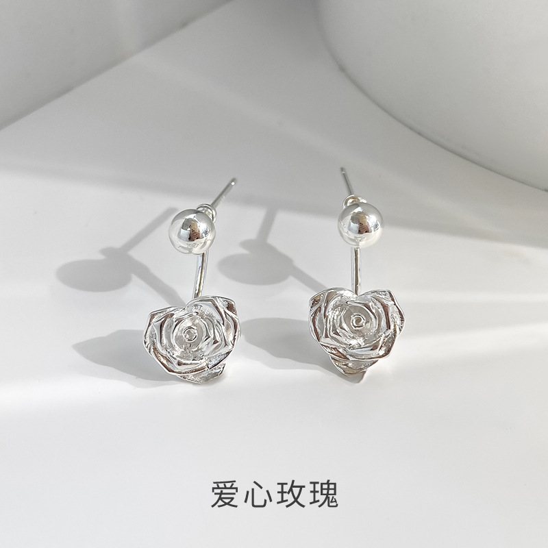 925 sterling silver heart-shaped rose earrings for women, summer forest style vintage chic earrings, trendy floral ear accessories