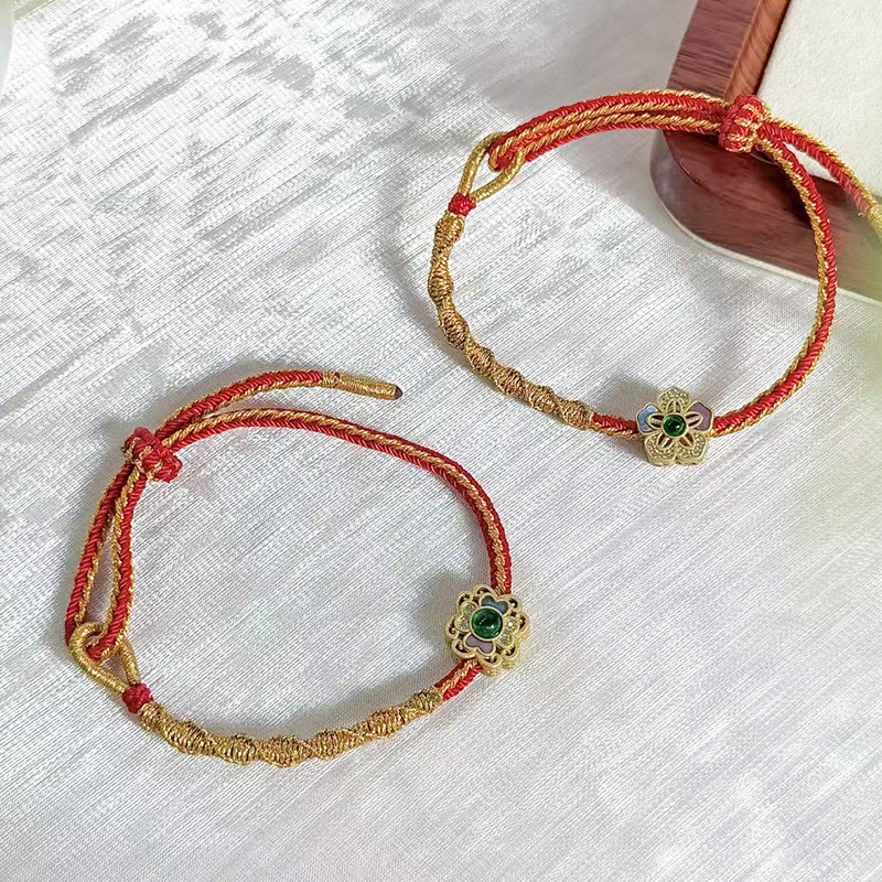 Traditional gold four-leaf clover bracelet, vintage Chinese-style ethnic red string bracelet, adjustable, new Chinese-style multicolored string jewelry