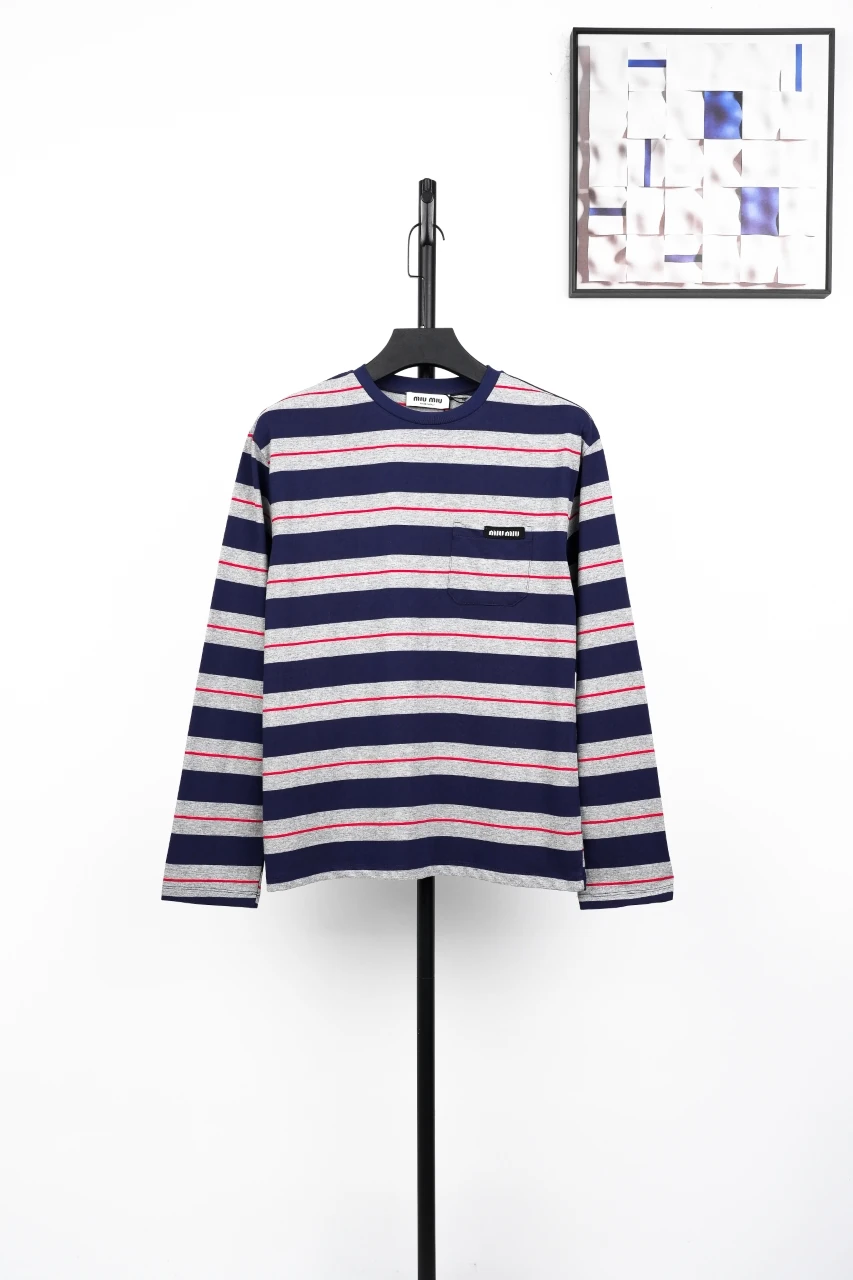 Miu Miu Navy Pink Stripe Crewneck Long Sleeve T-Shirt product photo from LabelPicks
