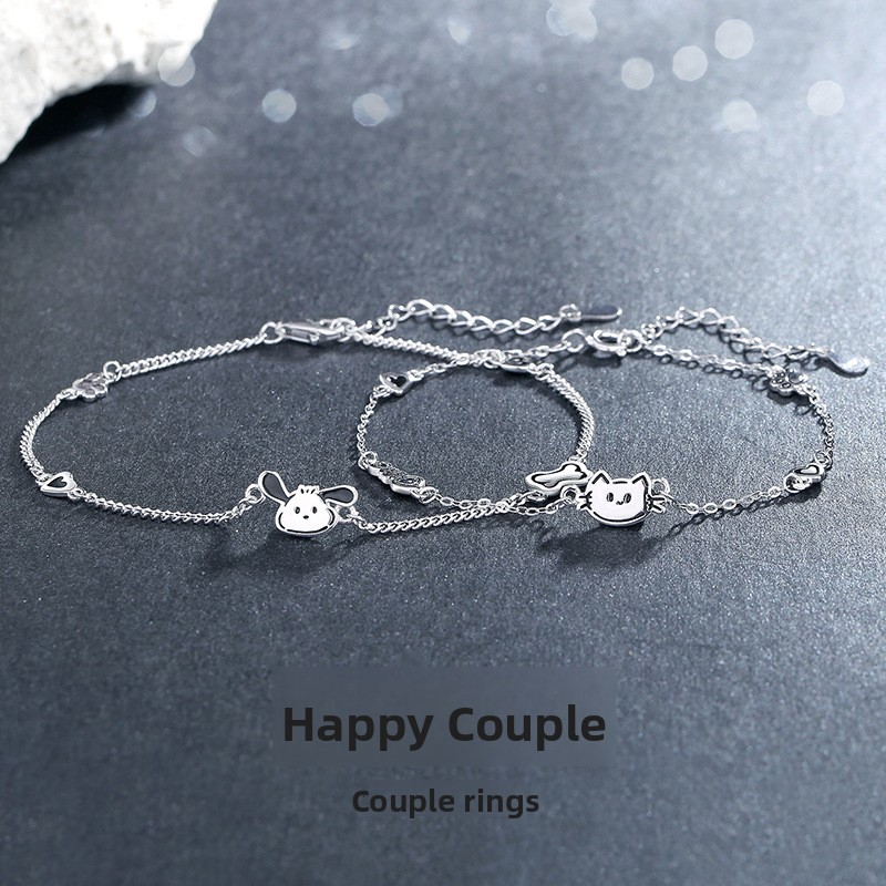 Original cat and dog couple bracelet, sterling silver, featuring a unique cartoon design, cute and charming, perfect for girls, a Valentine's Day gift