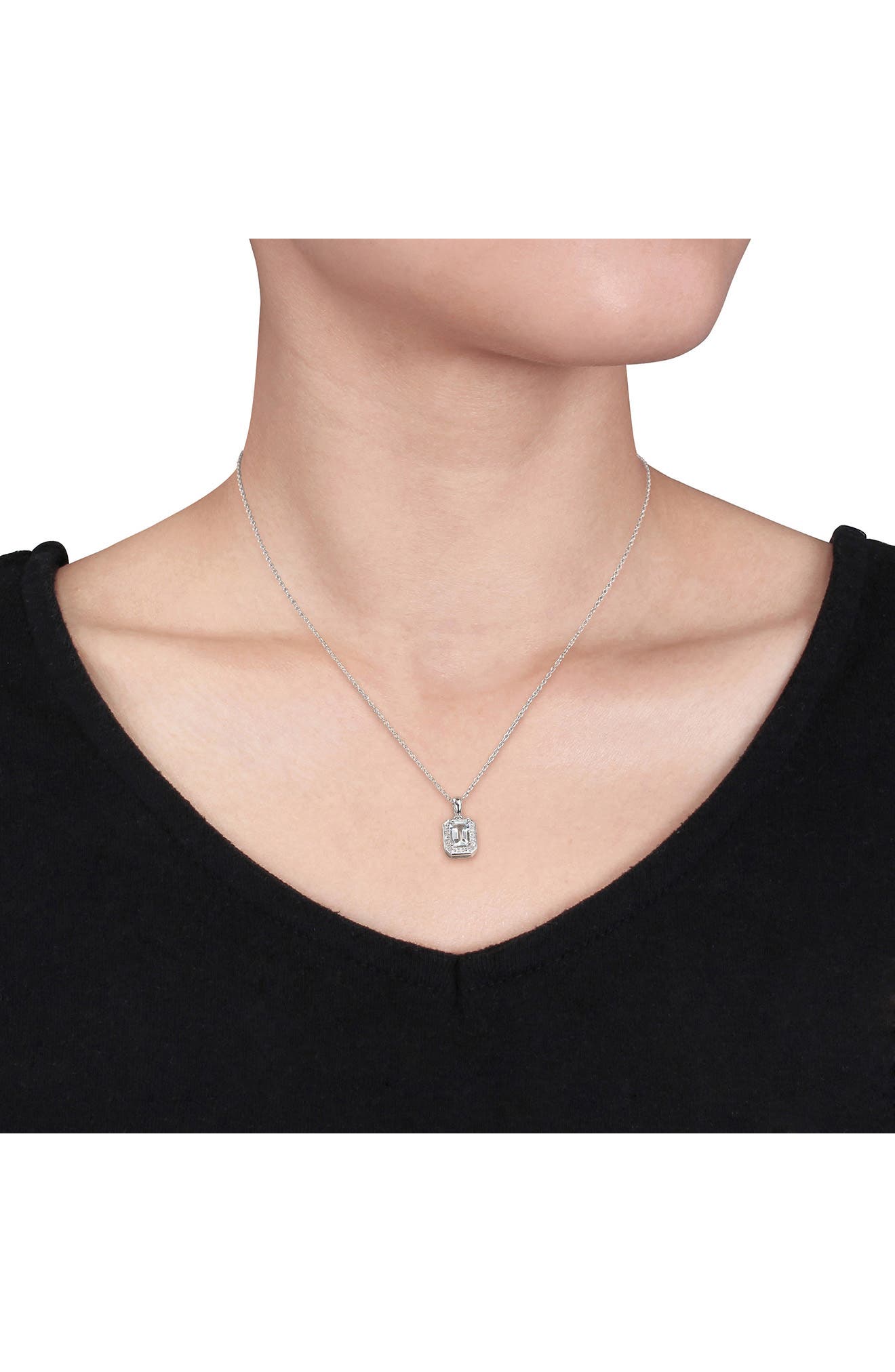 DELMAR Sterling Silver Aquamarine & Diamond Halo Earrings & Necklace Set - 0.12ct.