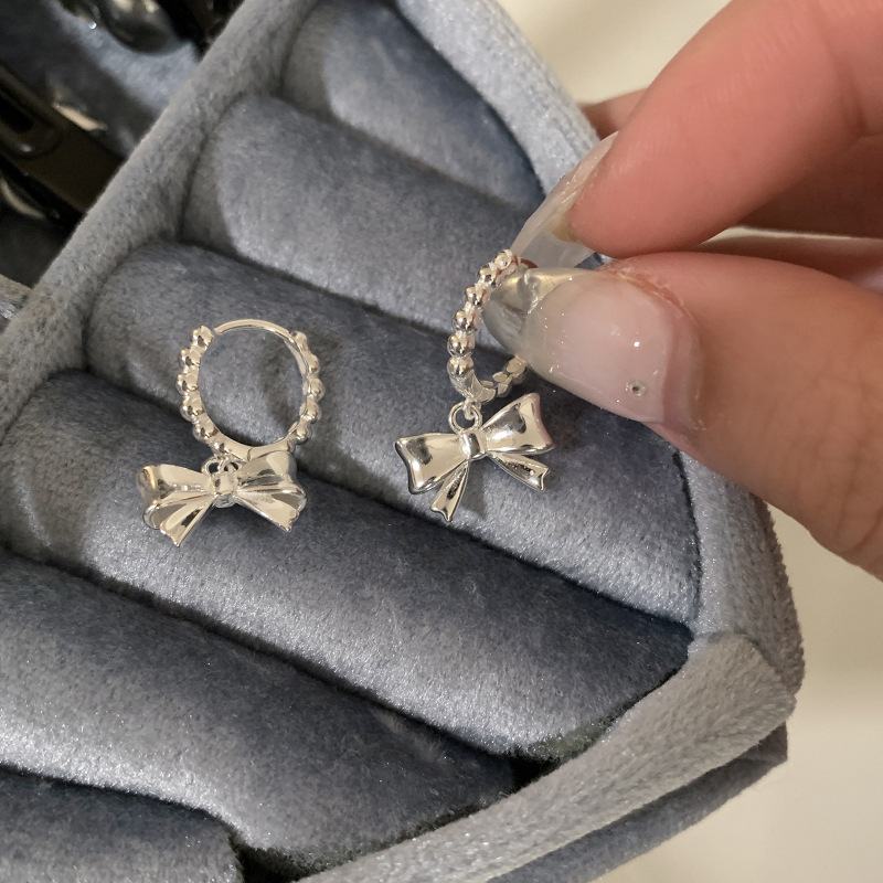 925 sterling silver bowknot hoop earrings, cute, compact, light luxury, sweet and girly, popular Korean-style earrings