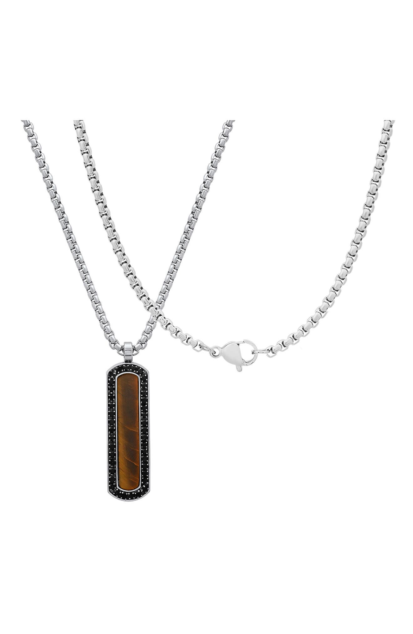 HMY JEWELRY Men's Stainless Steel Tiger's Eye & Crystal Dog Tag Pendant Necklace