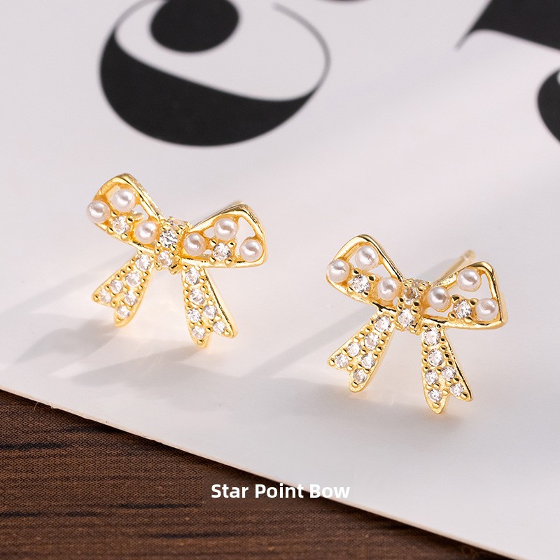 925 sterling silver floral earrings for women, featuring a French retro style, an Instagram-inspired design, a bow, pearls, and delicate cubic zirconia embellishments