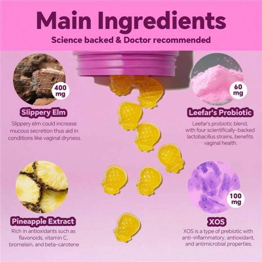 LEEFAR Her Juicy Feminine Probiotics Gummies - All In One Solution With Slippery Elm And Prebiotics & Lactobacillus Probiotic Blend For Women's PH Balance And Dryness - Hawaiian Pineapple Gummies 60 Count Probiotics Women