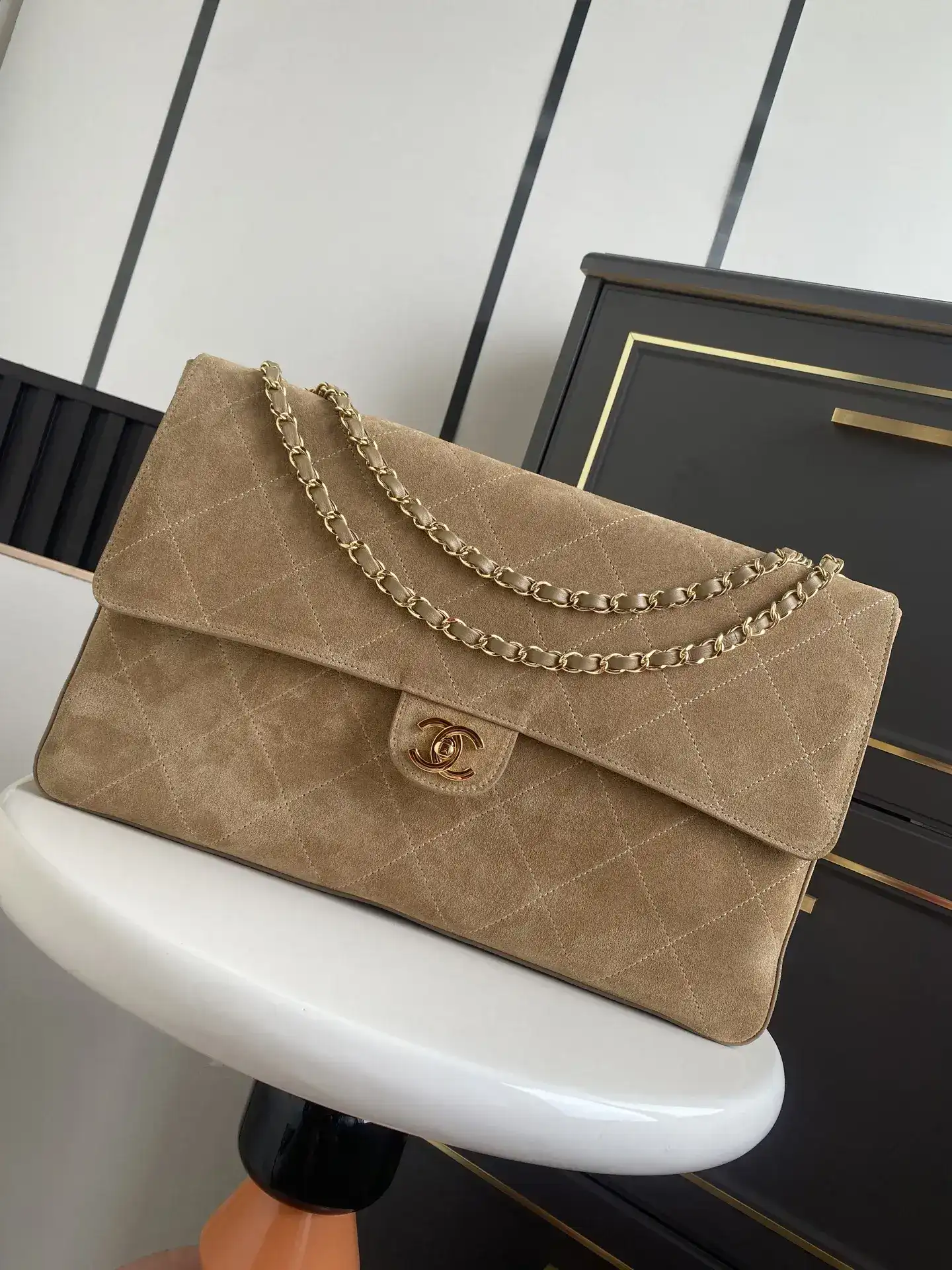 Chanel Beige Classic Flap Suede Leather Shoulder Bag product photo from LabelPicks