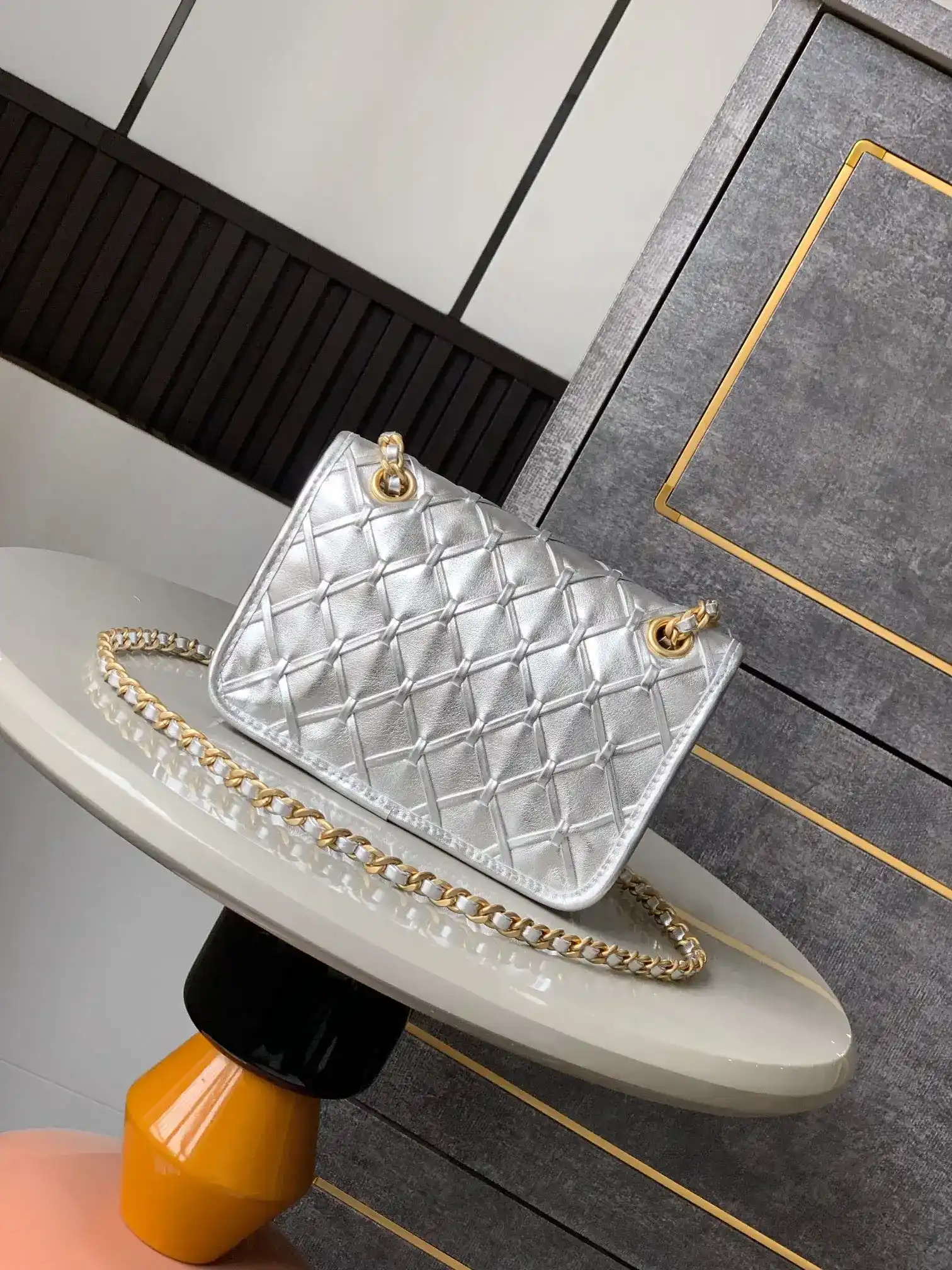 Chanel Classic Flap Silver Woven Leather Shoulder Bag product photo from LabelPicks