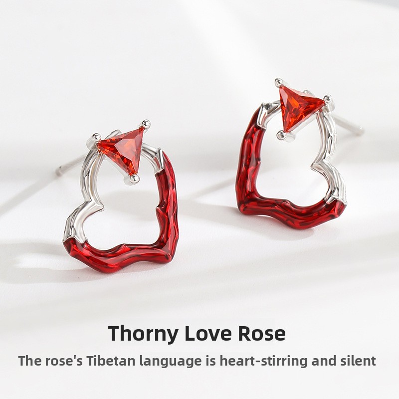 Original thorned heart rose earrings, 925 sterling silver, fashionable and unique, with an irregular enamel heart design