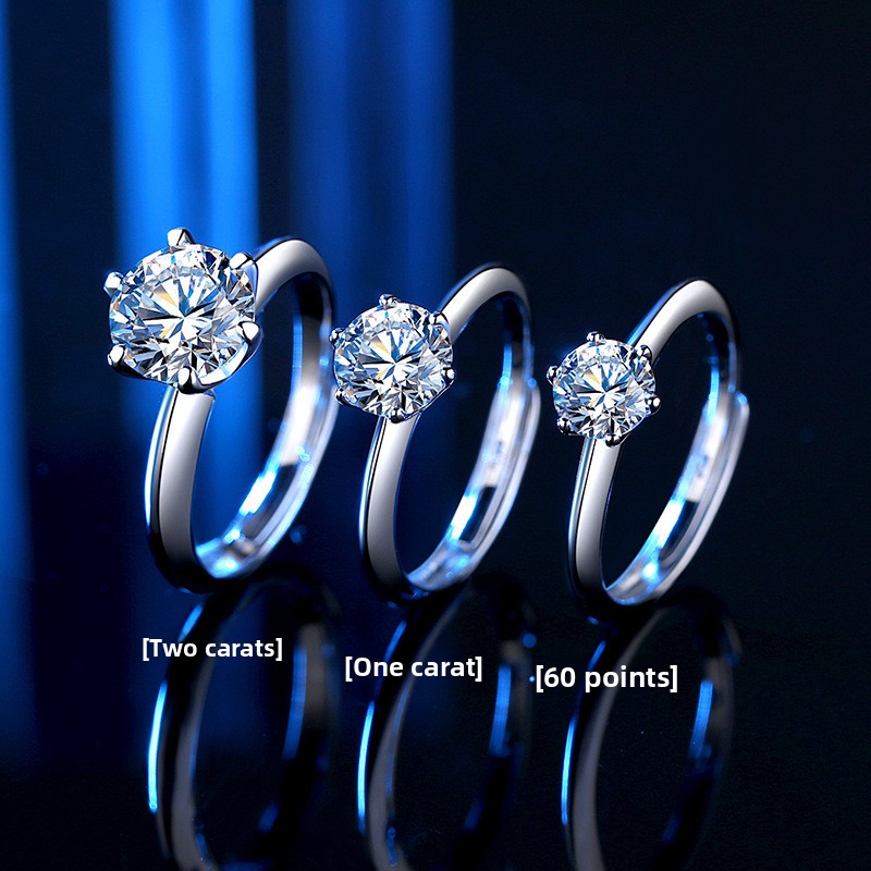 S925 sterling silver moissanite ring, women's crown design, one-carat, six-prong setting, simulated diamond ring, moissanite ring, adjustable size, for cross-border sales