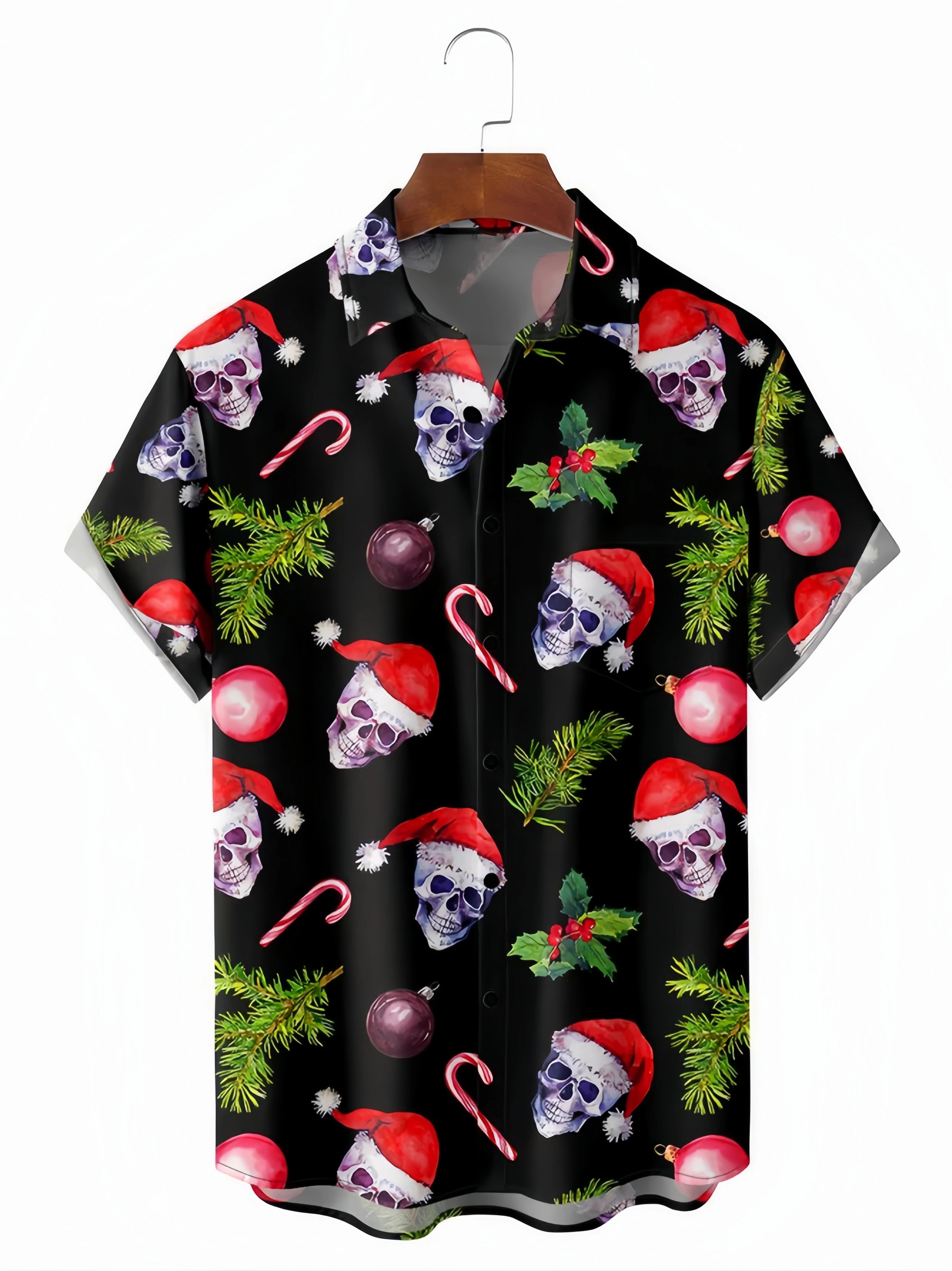 Christmas Skull Chest Pocket Short Sleeve Casual Shirt