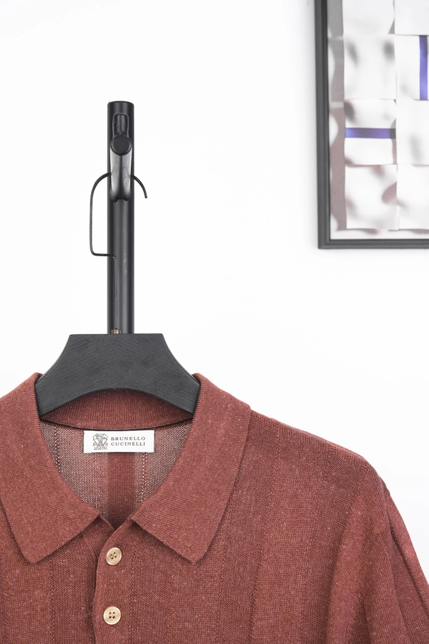 Brunello Cucinelli Terracotta Linen-Blend Ribbed Polo Shirt product photo from LabelPicks