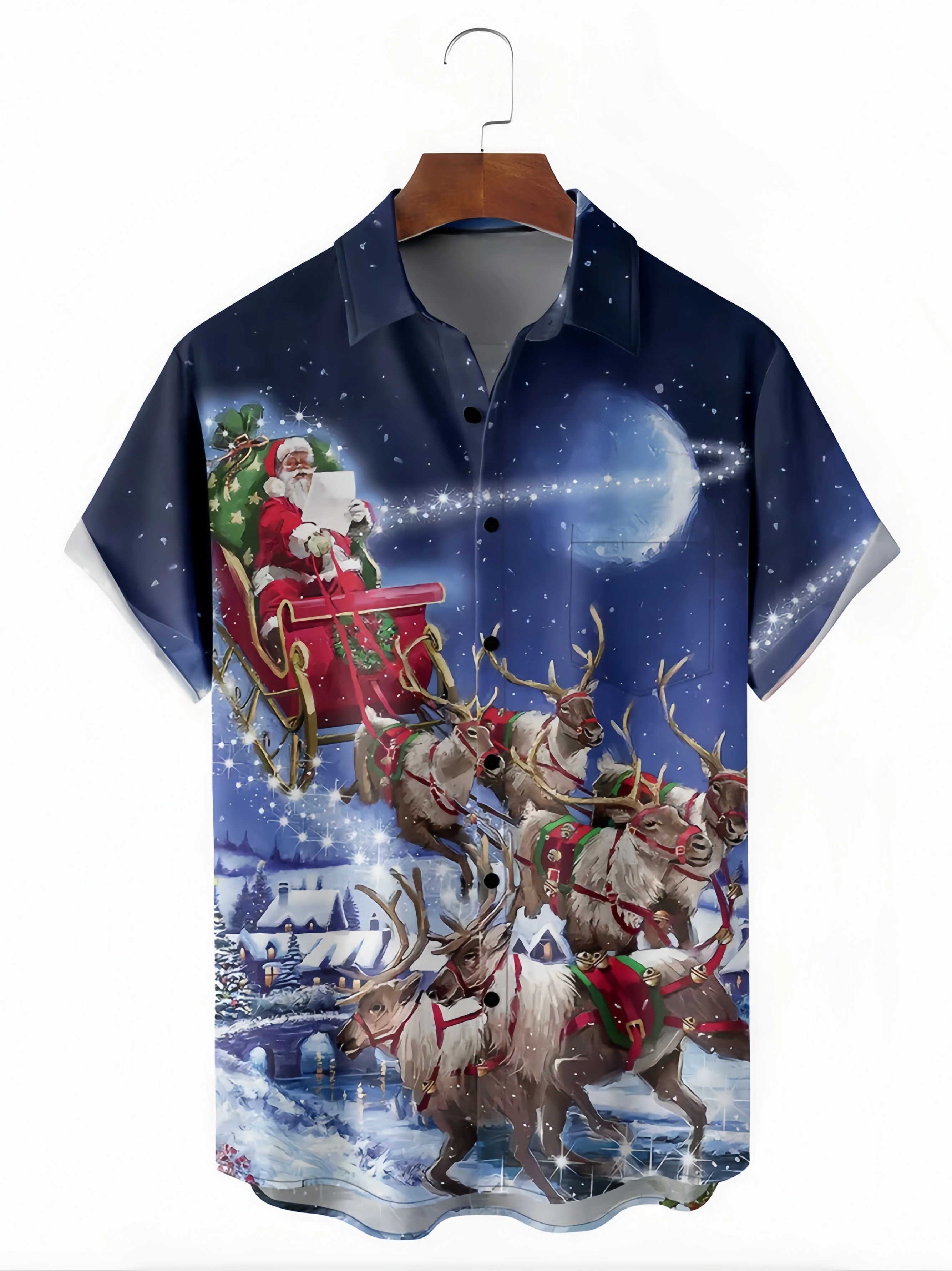 Christmas Santa Claus Reindeer Chest Pocket Short Sleeve Shirt