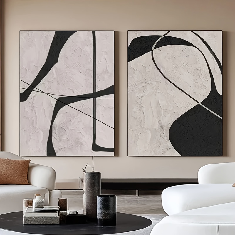 2 Minimalist Abstract Black And White Canvas Art Sets - Hand Drawn Oil Painting with Irregular Lines, Modern Graffiti Design, Suitable for Living Room, Office or Corridor Decoration, Frameless, Office Wall Art, Abstract Design|Hand Drawn Art