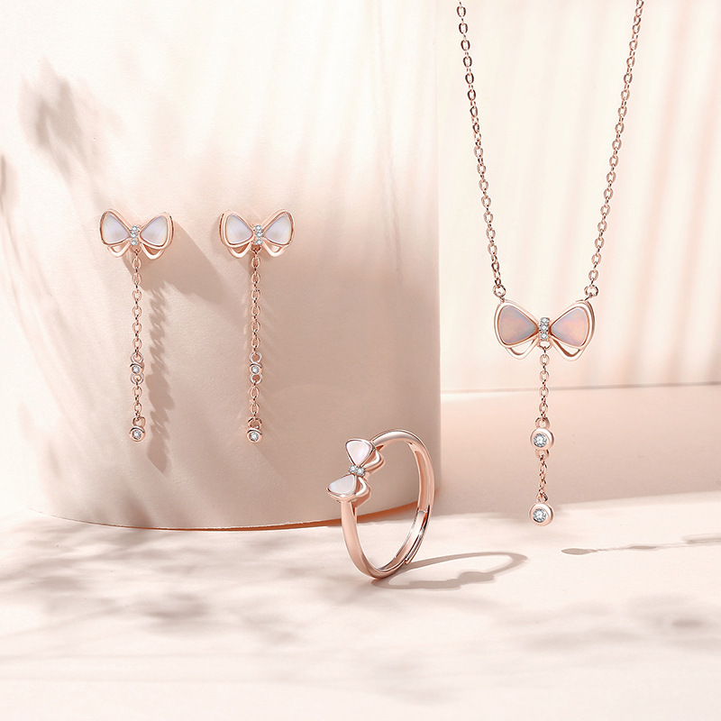 Mother-of-pearl bow ring, 925 sterling silver, unique design, girly style, perfect for best friends, Korean-style open ring for the index finger