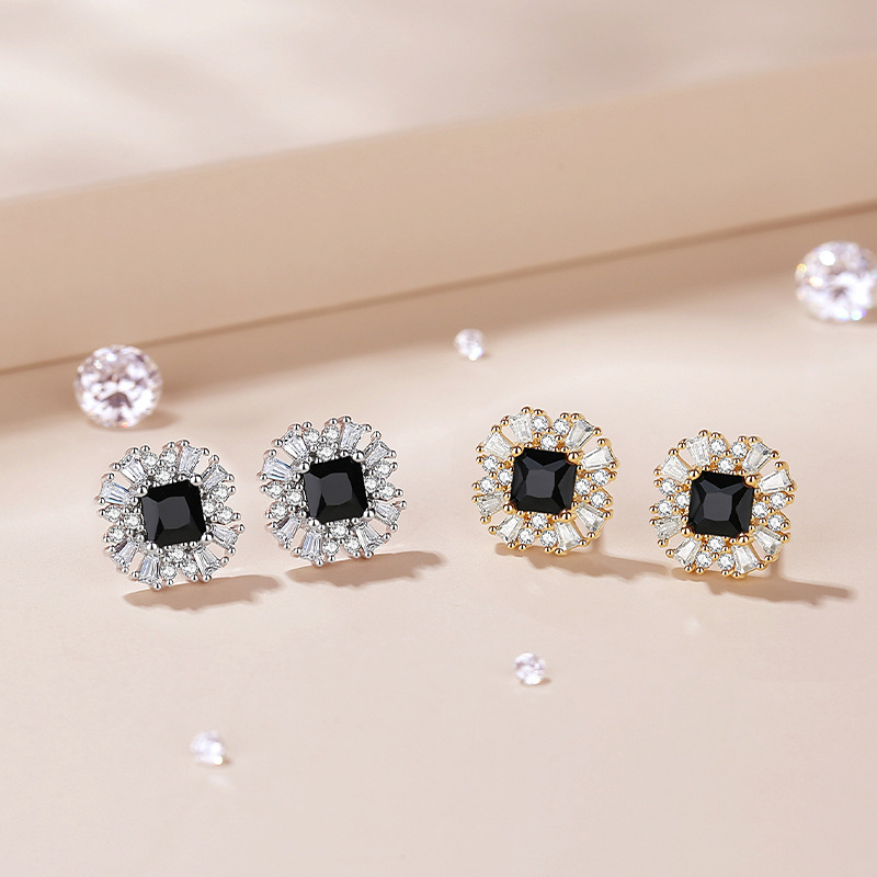 925 sterling silver new model dazzling black zirconia stud earrings for women, French style, compact vintage ins earrings, simple design ear accessories