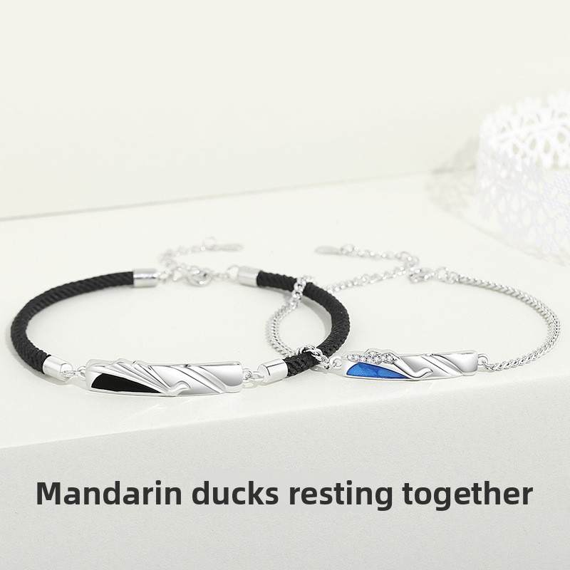 Original design, unique couple bracelets featuring a mandarin duck motif, enamel and resin detailing, geometric patterns, and sterling silver, perfect as Valentine's Day jewelry