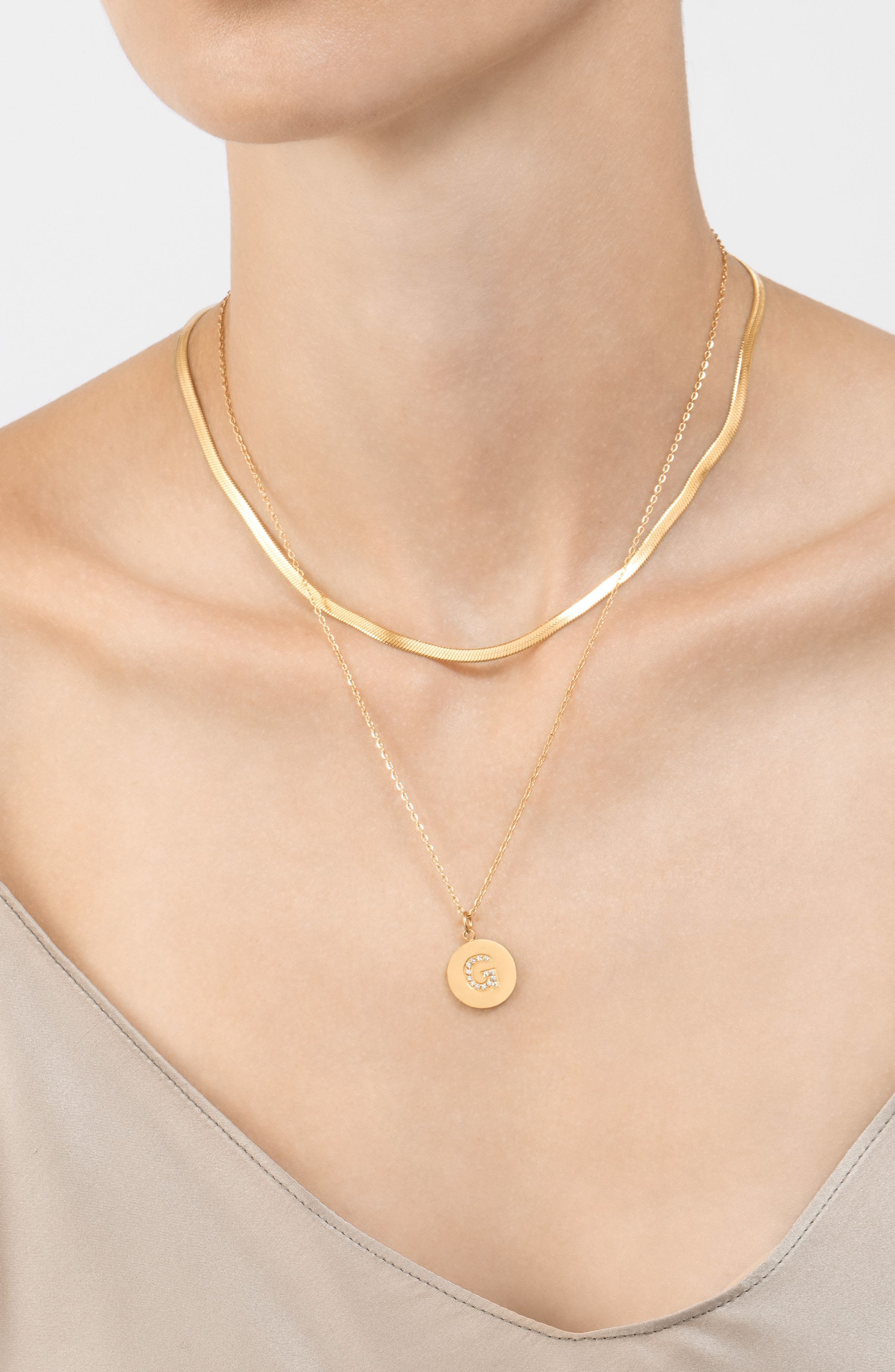 Adornia Set of 2 Initial Pendant & Herringbone Necklaces