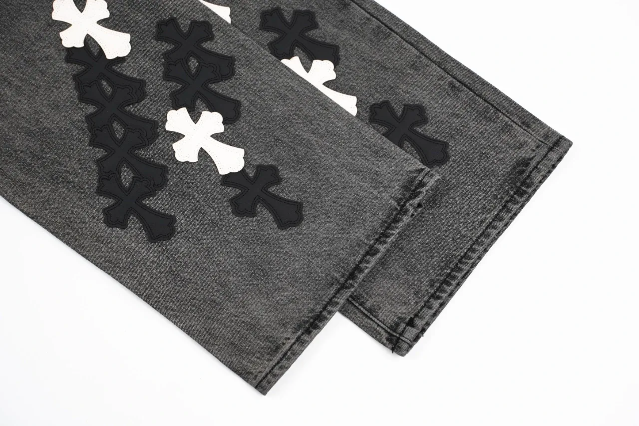 Chrome Hearts Black Grey Flame Cross Leather Patch Jeans product photo from LabelPicks