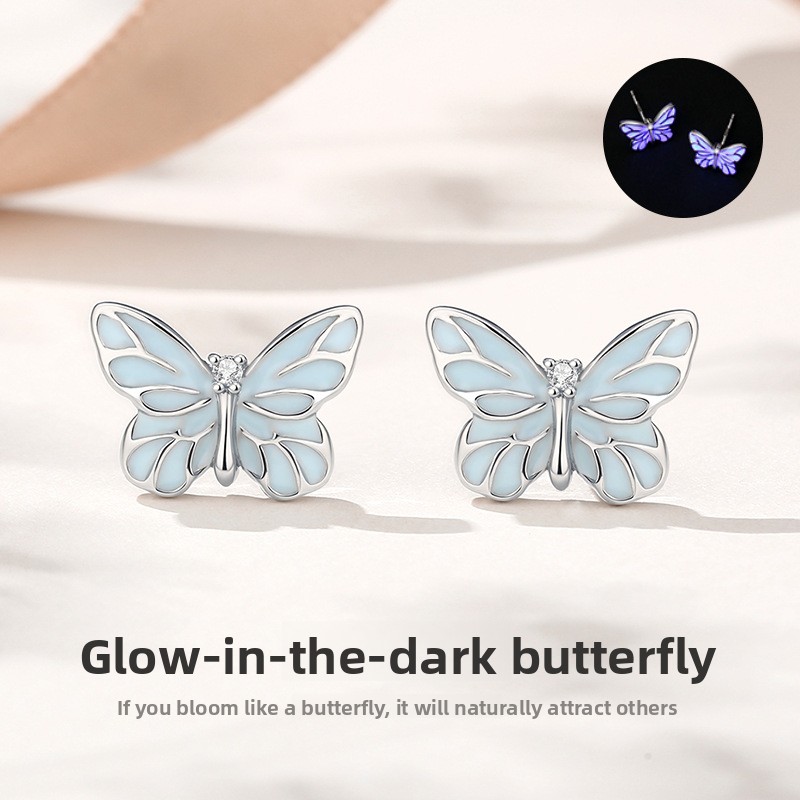 Original luminous butterfly earrings, made of 925 sterling silver, in Korean style, with a forest-inspired design, a trendy summer accessory, butterfly light earrings, a gift for best friends