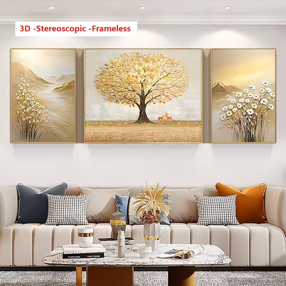 3D Frameless Hand-Painted Oil Paintings, High-Quality Set of 3 Minimalist Wall Decor Artworks (Abstract Golden Foil Floral Mountain Wealth Tree Landscape Art with Thick Knife Texture for a Three-Dimensional Visual EffectModern Stylish Luxury for