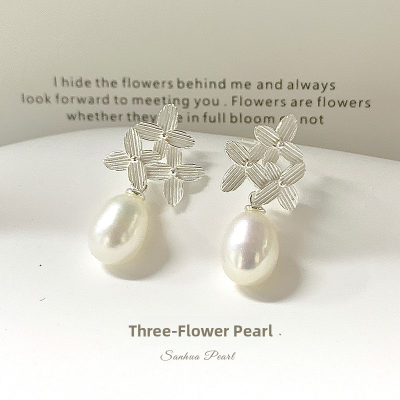 Floral Pearl Earrings 925 Sterling Silver Summer Fresh Four-Leaf Flower Sweet Zircon Elegant Earrings Holiday Gift