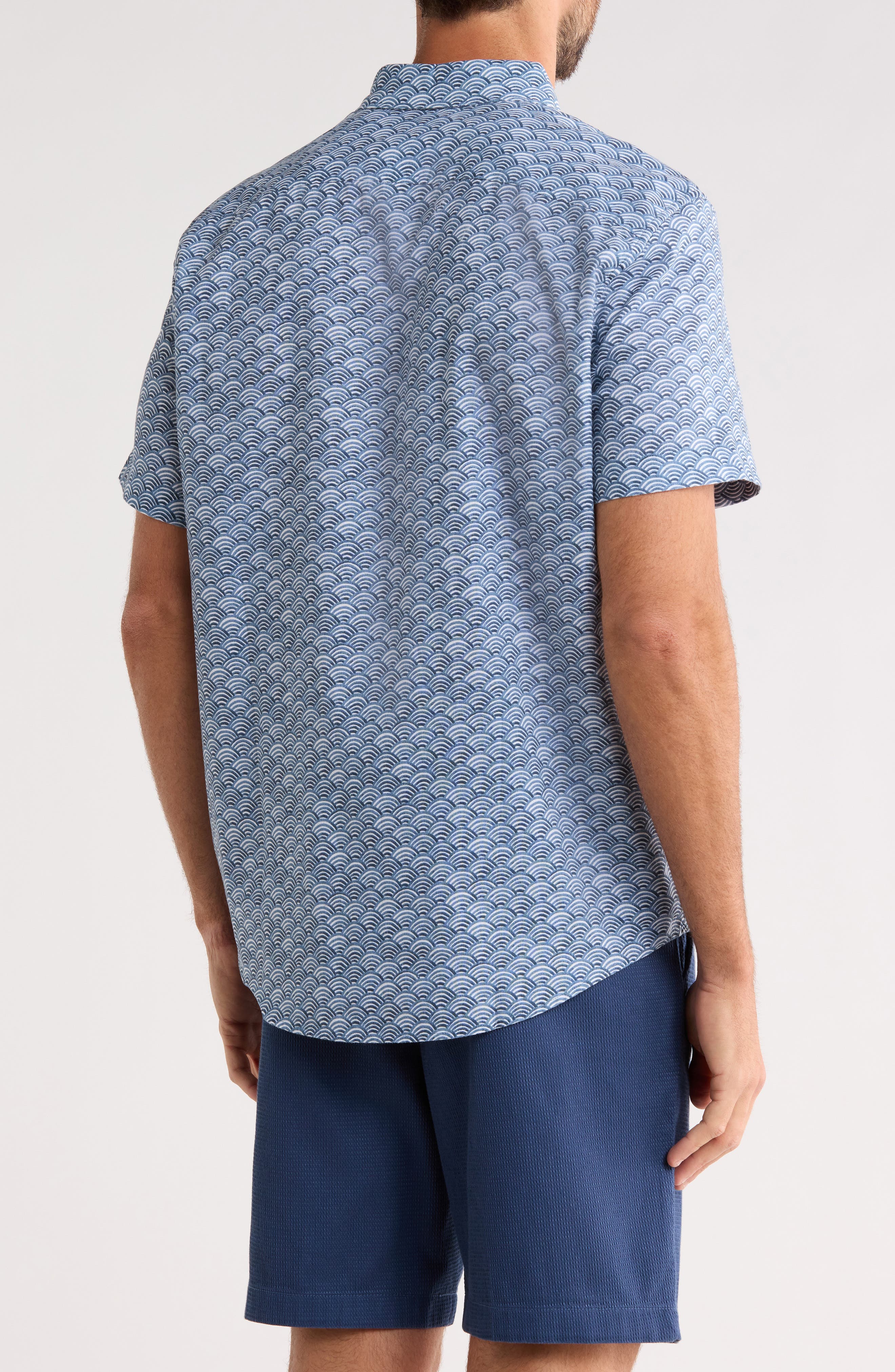 Original Penguin Wave Print Short Sleeve Linen & Cotton Blend Button-Down Shirt