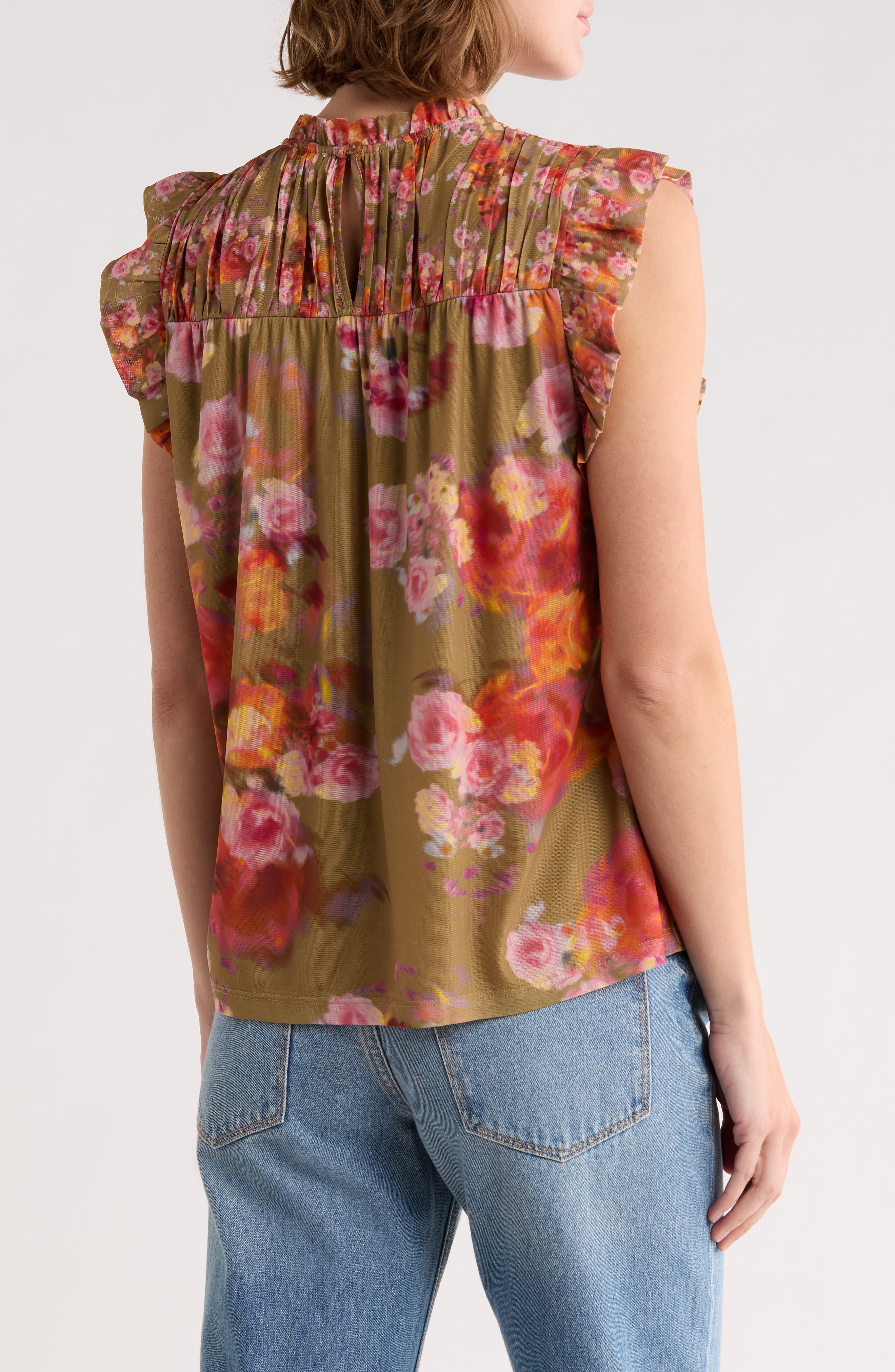 DR2 by Daniel Rainn Floral Flutter Sleeve Mesh Top