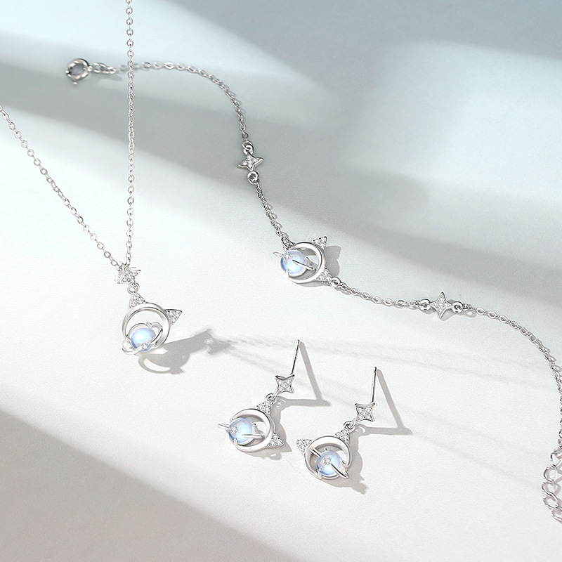 Original Forest-themed Sparkling Cat Planet Earrings for Women, Pure Silver, High-end Feel, Unique Design, Moonstone Earrings