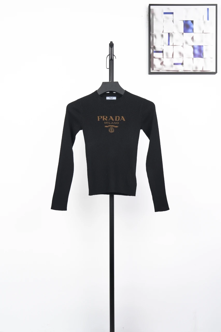 Prada Black Gold Logo Jacquard Recycled Silk Slim Knit Sweater product photo from LabelPicks