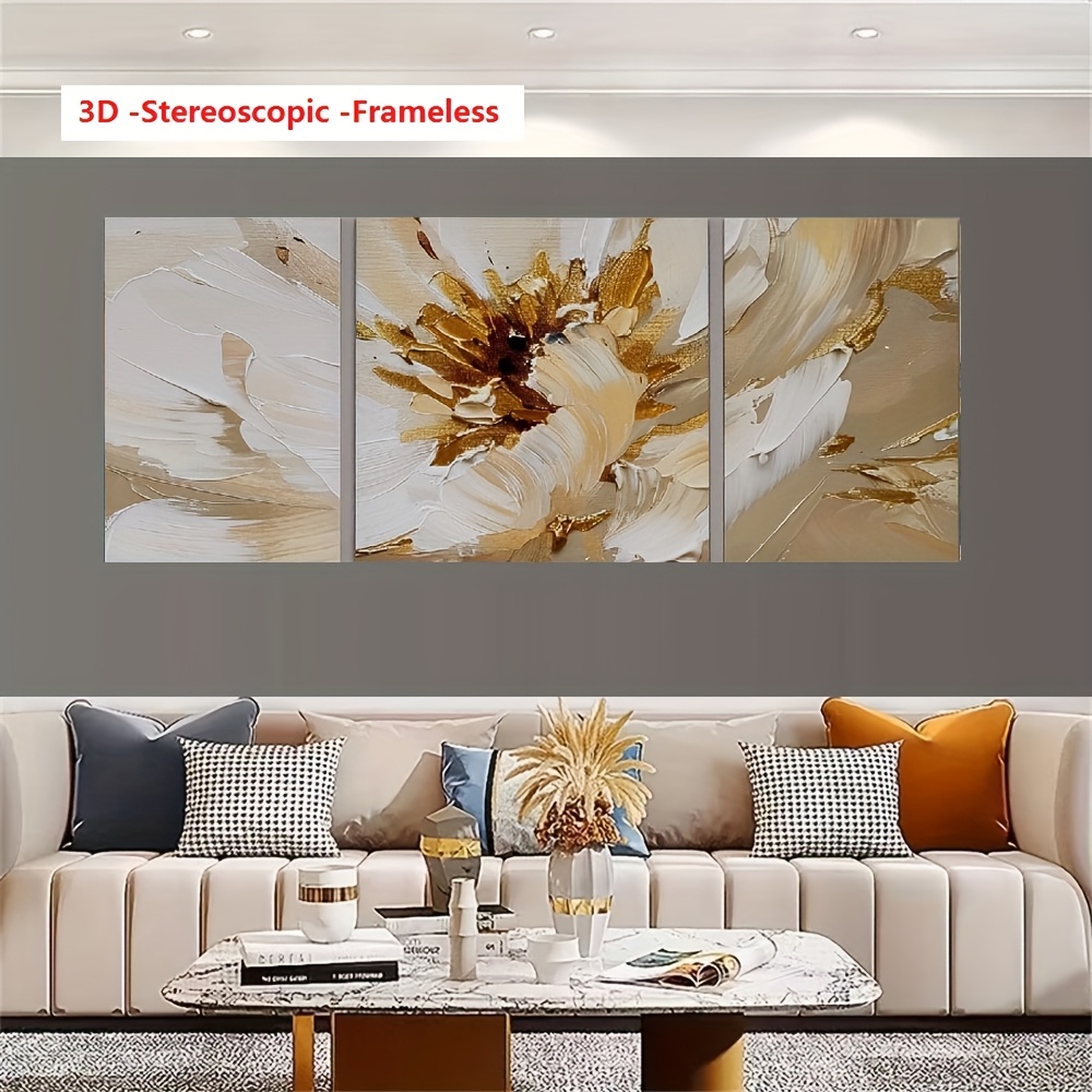 3-piece frameless gold and white abstract oil art paintings displayed as modern wall art for living room